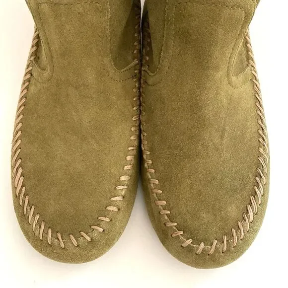 Anthropologie Latigo Olive Green Suede Moccasin Boho Bootie sz 9.5 Cottagecore - Picture 4 of 9